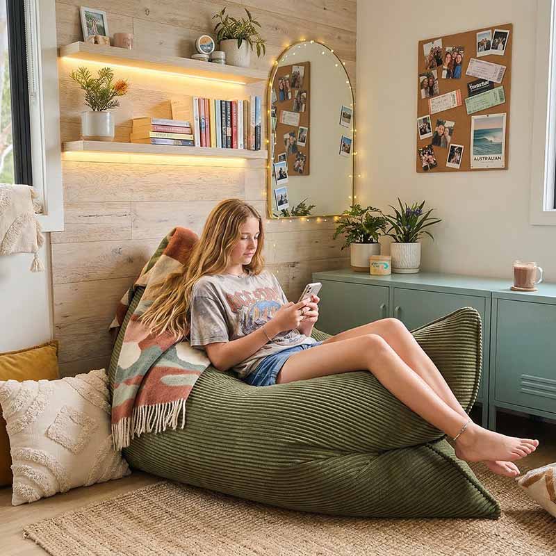 Corduroy Cloud in Olive Green. A versatile corduroy bean bag designed for modern living - use it flat, upright, or hammock-style for effortless comfort in every corner of your home.
