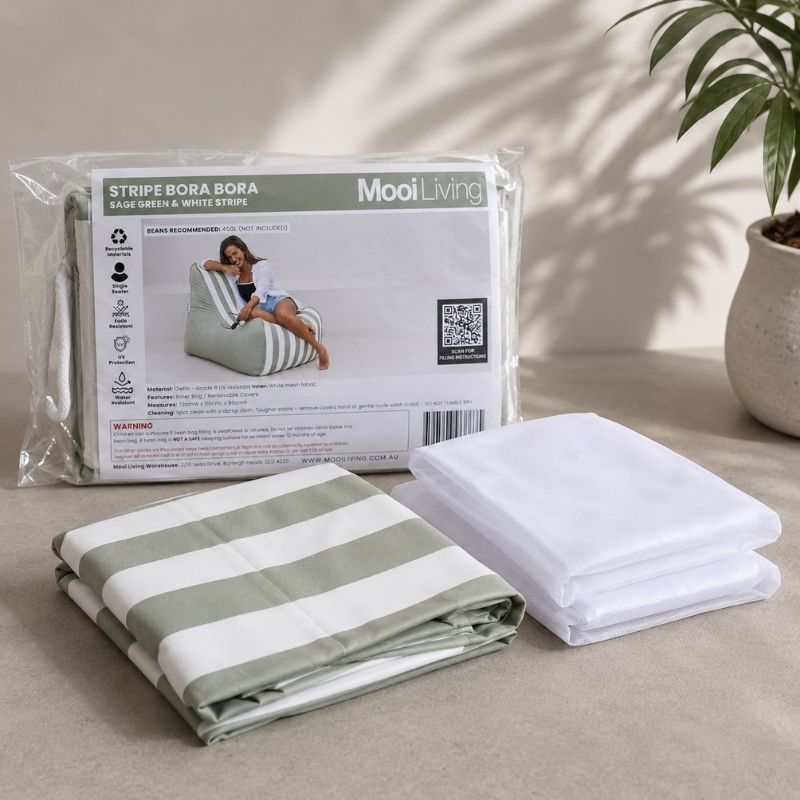 Folded Outdoor Stripe Bora Bora chair bean bag cover in Sage green and white stripe and inner bag in a Mooi Living packaging.