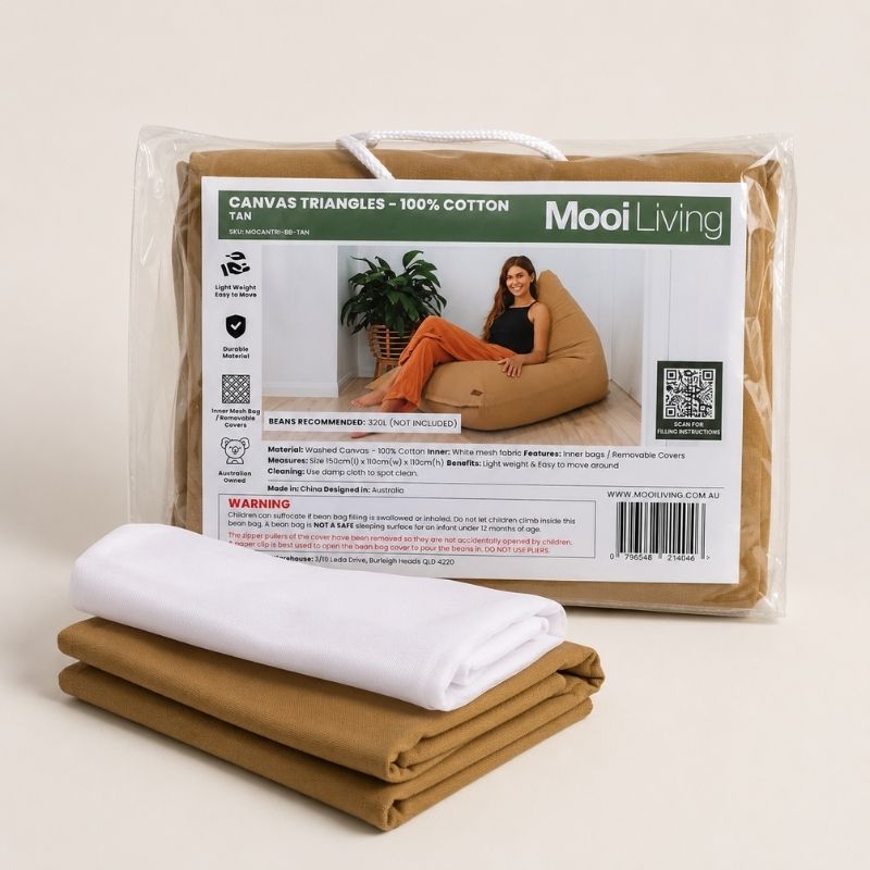Folded Cotton Canvas Triangle bean bag cover in Tan and inner bag in a Mooi Living packaging.