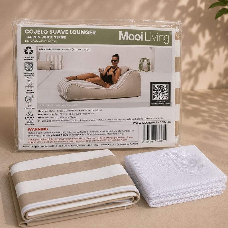 Folded Cojelo suave lounger bean bag cover in Taupe and white stripe and inner bag in a Mooi Living packaging.