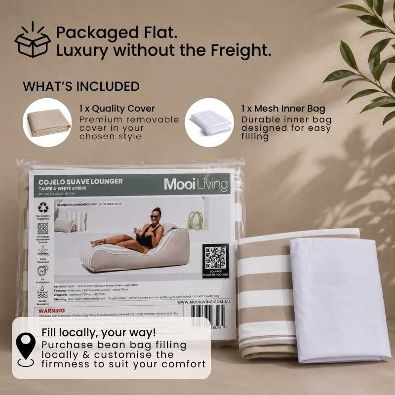 Folded Cojelo suave lounger bean bag cover in Taupe and white stripe and inner bag in a Mooi Living packaging.