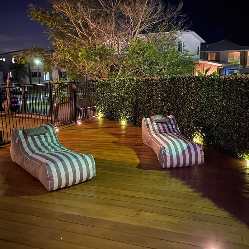 Cojelo Suave Sunlounge outdoor bean bag by Mooi Livingin Taupe Stripe. This bean bag lounger blends luxury and laid-back comfort, creating the perfect spot for stylish poolside or patio relaxation.