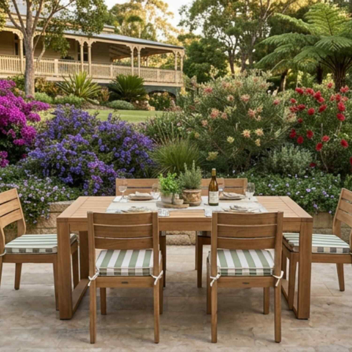 A wooden outdoor dining table with six matching chairs, each fitted with green-and-white striped cushions, set on a stone patio in a lush garden.