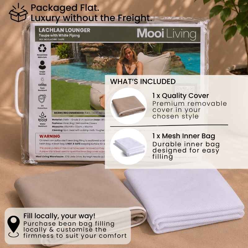 Folded Lachlan lounger bean bag cover in Taupe with white piping and inner bag in a Mooi Living packaging.