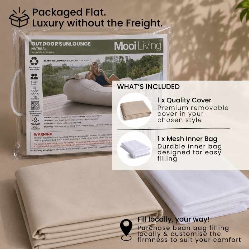 Folded Outdoor Sunlounger bean bag cover in Natural and inner bag in a Mooi Living packaging.