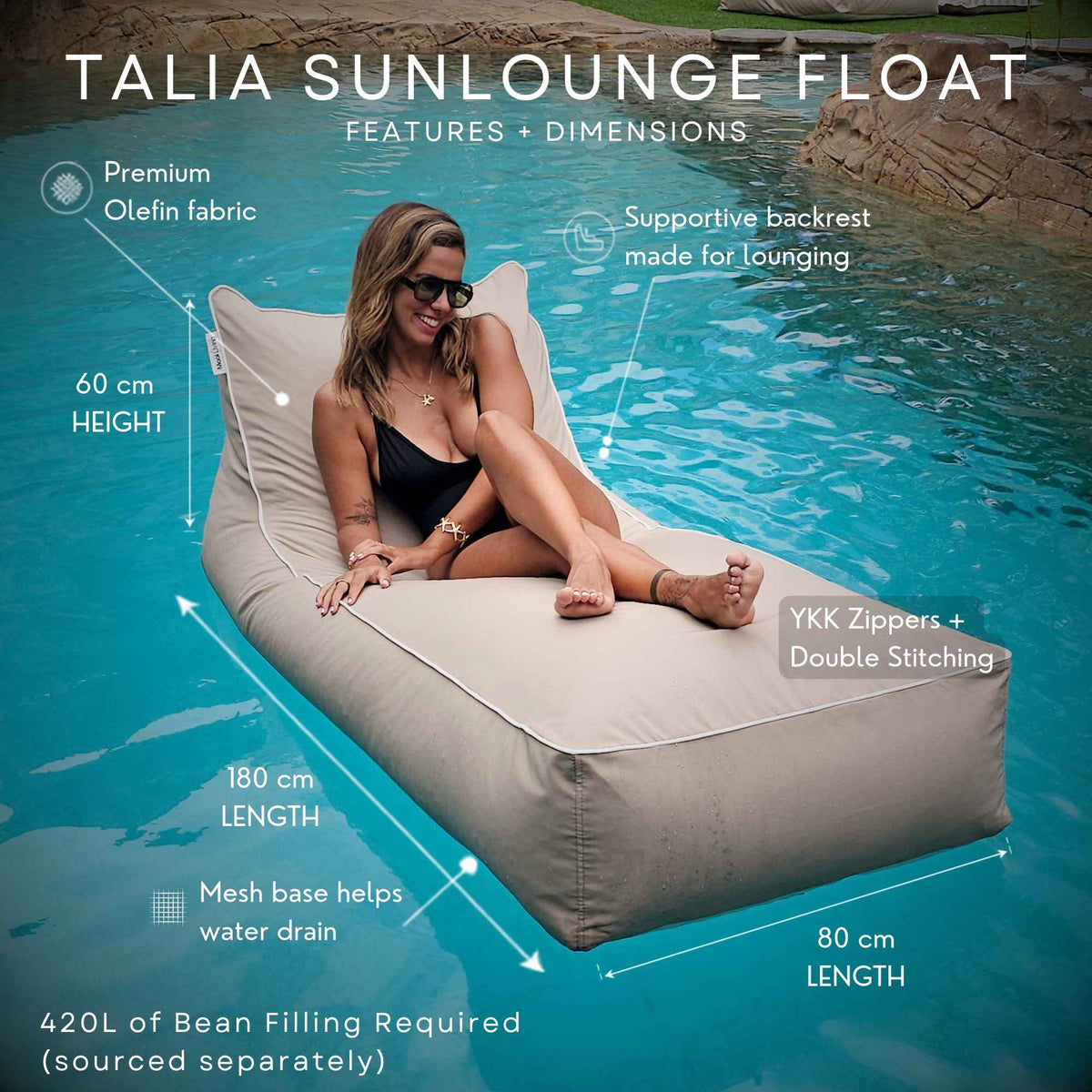 Mooi Living Talia bean bag pool float features and dimensions: 180 cm long, 80 cm wide, 60 cm high, Olefin fabric and mesh drainage base, MOTALFLTBB-SAGGRE, MOTALFLTBB- TAUP