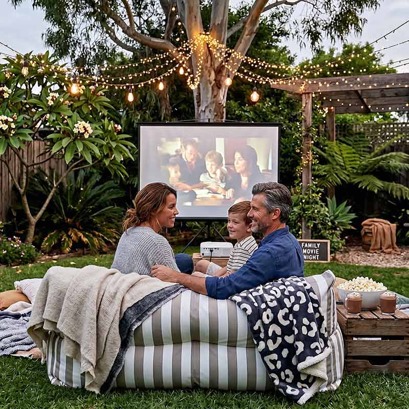 Lifestyle pic - Australian backyard outdoor cinema setup with projector screen, fairy lights and blankets,Taupe Stripe Lana double seater outdoor bean bag lounger by Mooi Living placed on grass facing the screen, cozy evening atmosphere, soft ambient lighting, relaxed family movie night.
