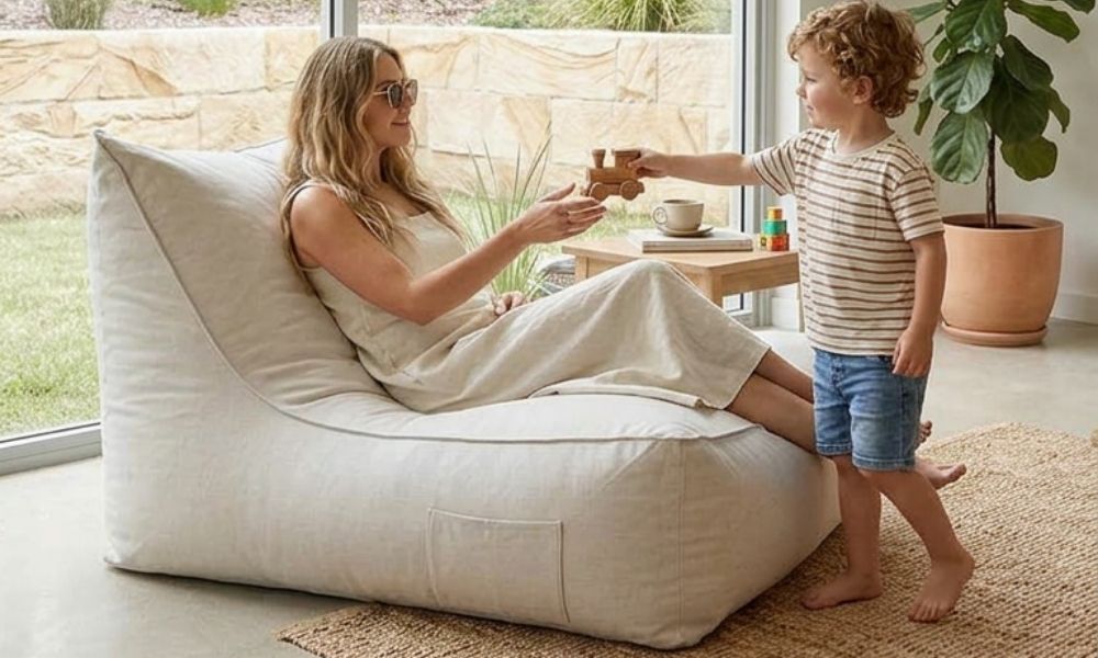 The versatility of the modern bean bag - featuring our outdoor Lachlan lounger, looking fabulous indoors.