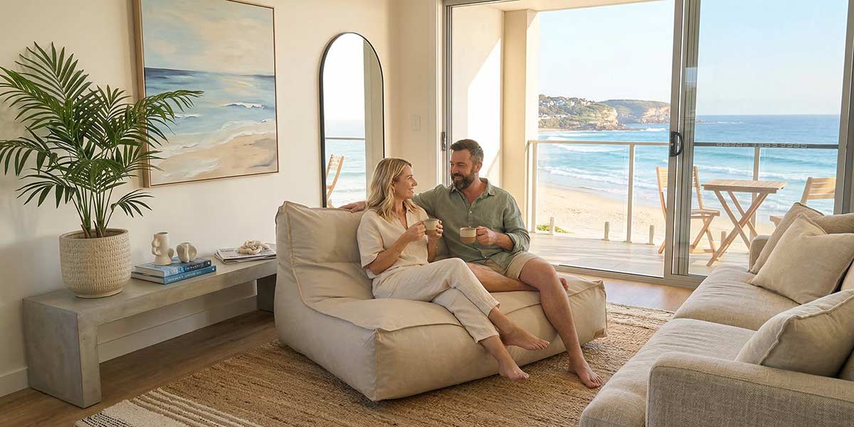 Lifestyle Image of Double Boss Lounger indoor bean bag by Mooi Living in Natural Beige with a couple sitting on a couch in a living room with a view of the ocean.