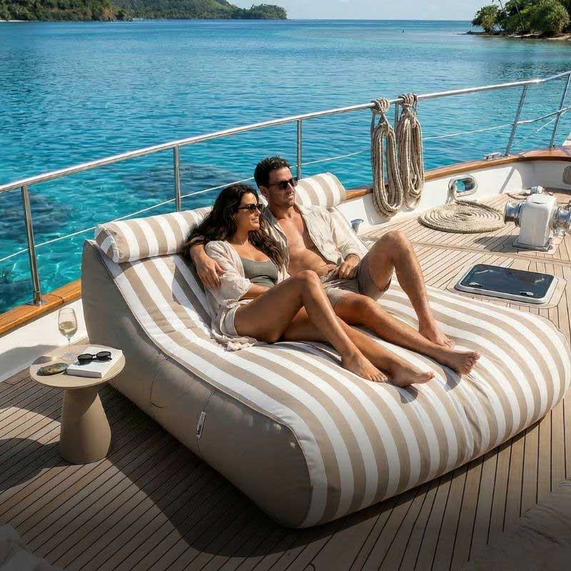 Marine grade Nevaeh bean bag outdoor bean bag by Mooi Living on a luxury yacht, durable outdoor seating designed for boating and coastal living.