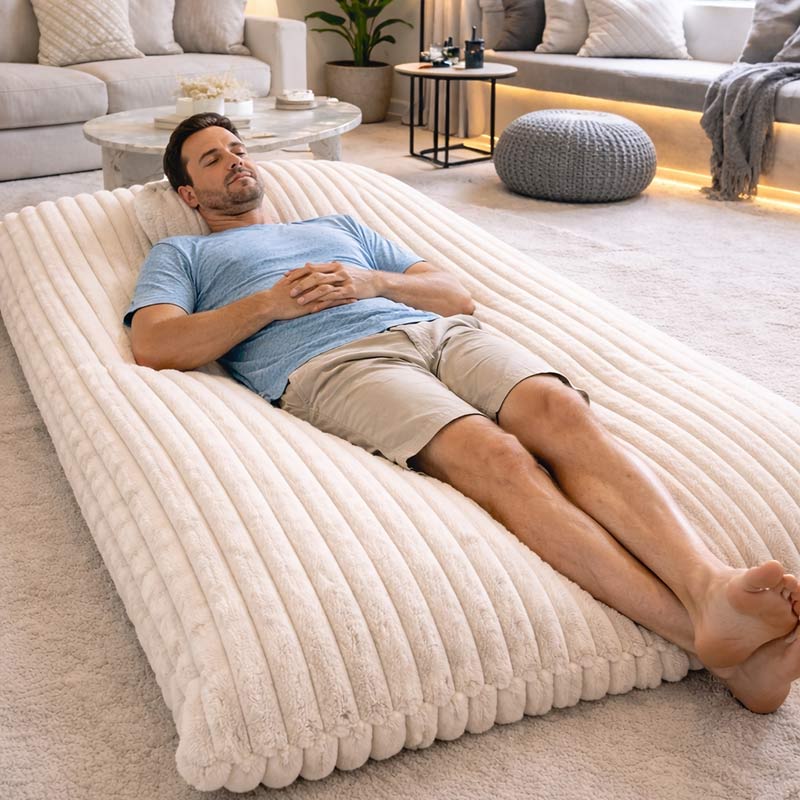 Tall man napping on champagne The Cloud Bean Bag in light-filled lounge room