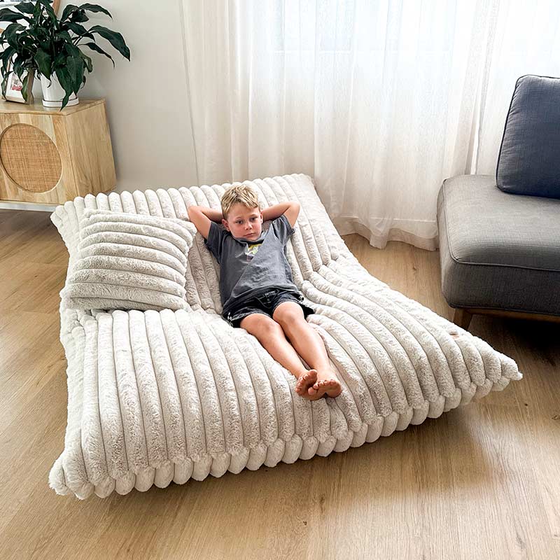Champagne The Cloud Plush Bean Bag Mat styled alone in modern Australian home