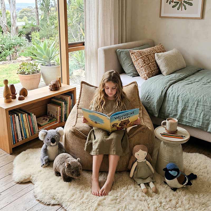 Lifestyle image of the Mini Cord Chair indoor bean bag by Mooi Living in Caramel with a little girl sitting on it while reading a book in a cozy bedroom with toys and plants.