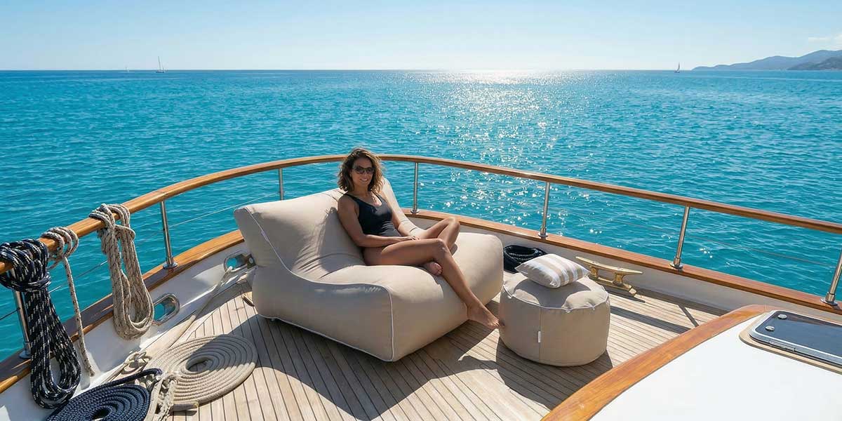 Luxury boat deck on open ocean with bright blue water and clear sky, Taupe Chill UV double seater bean bag lounger positioned on the deck, relaxed coastal lifestyle scene.