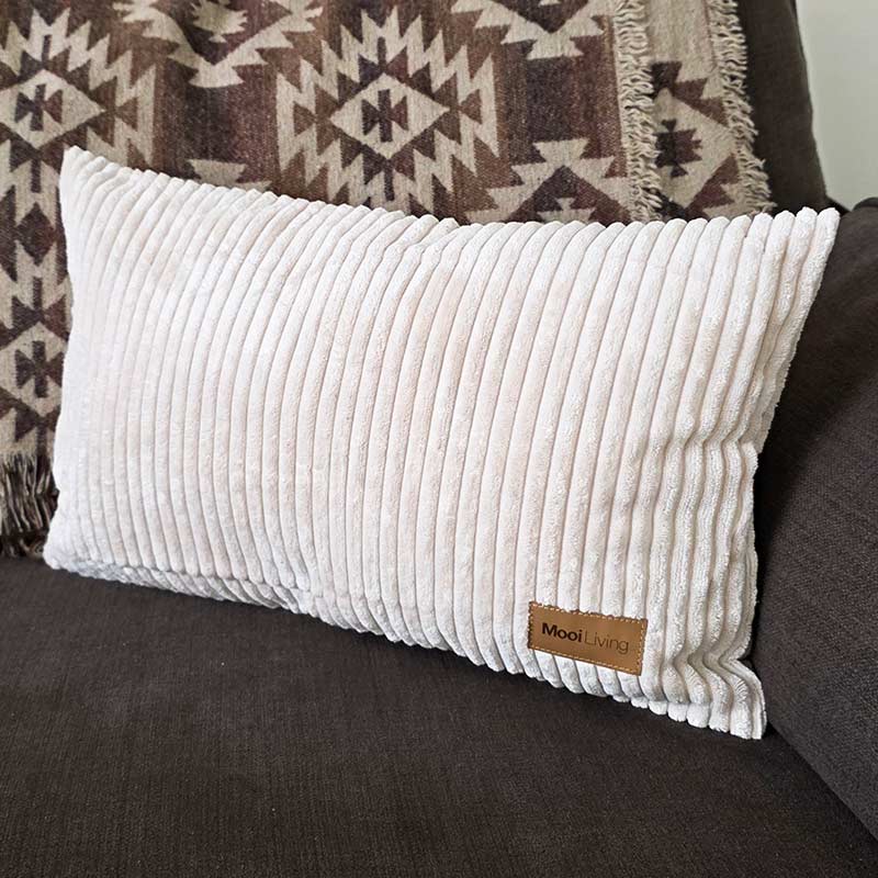 Beige corduroy cushion indoor Bean Bag by Mooi Living, with a Mooi Living brand label. This cushion is a perfect match to our Cord Chair, Double Cord Lounger, and Corduroy Cloud.