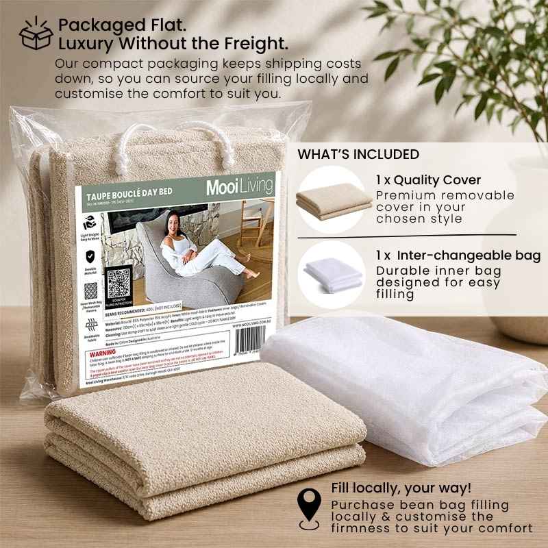 Folded Boucle Day bed bean bag cover in Taupe and inner bag in a Mooi Living packaging.