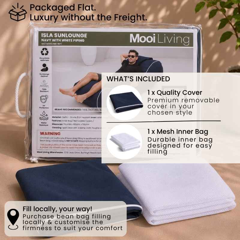 Folded Isla Sunlounger bean bag cover in Navy with white piping and inner bag in a Mooi Living packaging.