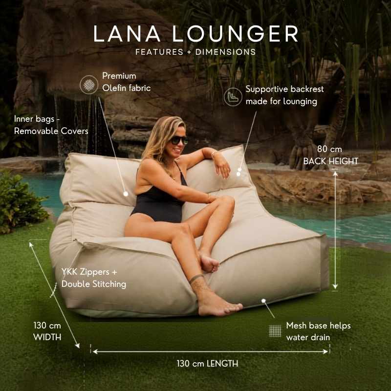 A woman relaxing on a Lana Lounger in Taupe with texts showing the features and dimensions