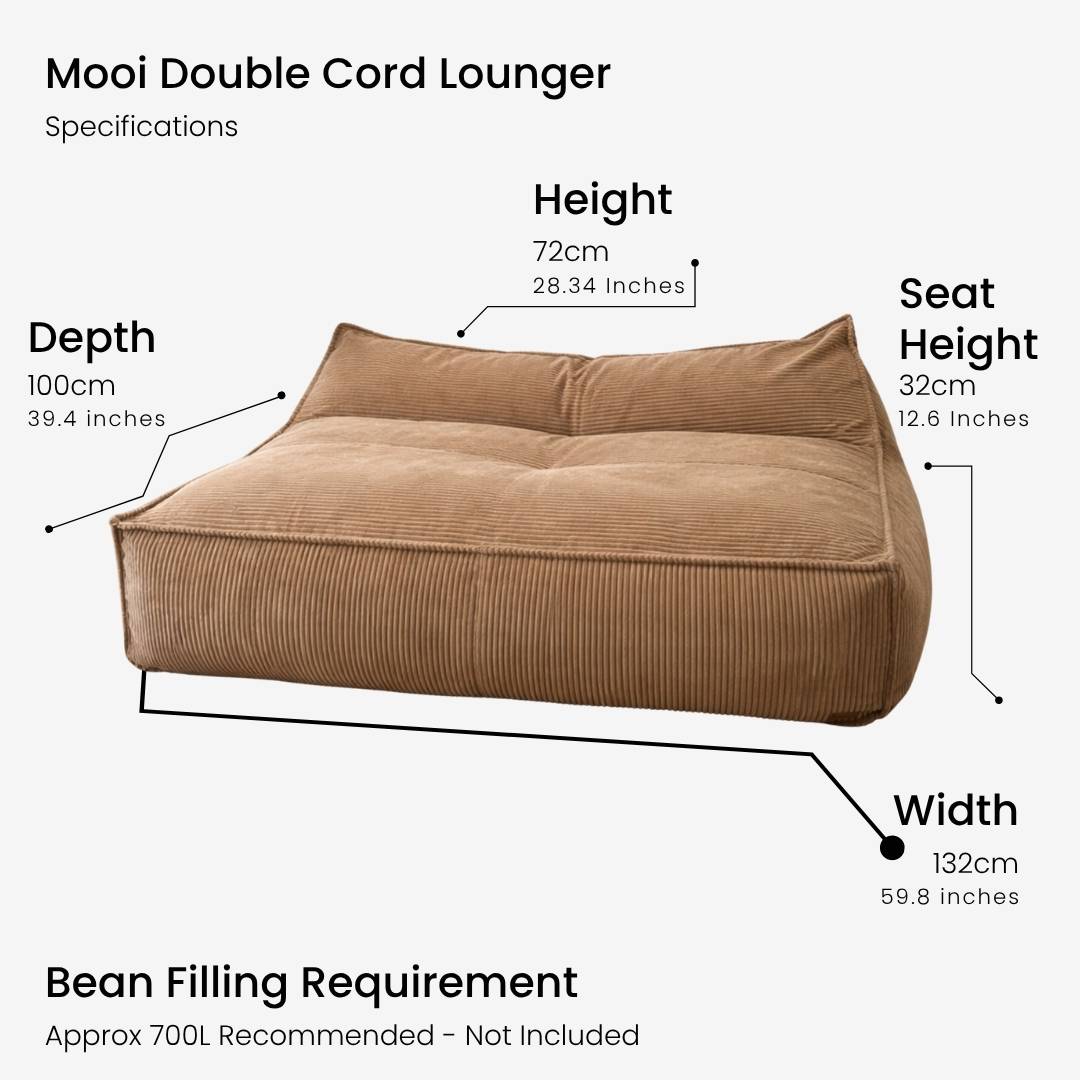 Mooi Double Cord Bean Bag indoor bean bag by Mooi Living in Caramel. Dual seating in luxe cord fabric featuring three inner bags for structured support and effortless setup.