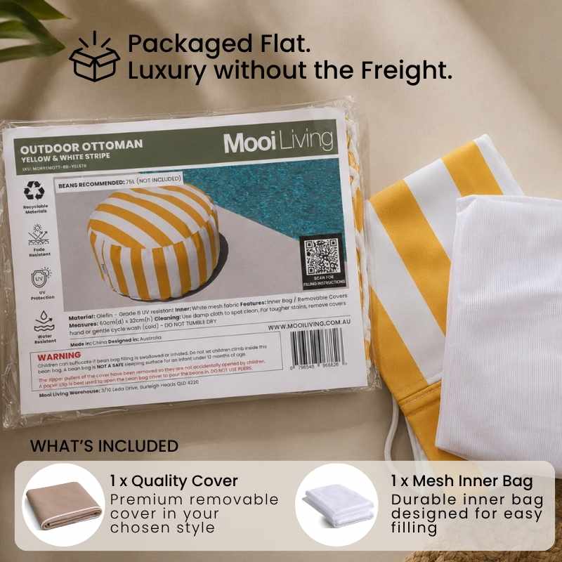 Folded Outdoor Ottoman  bean bag cover in Yellow and white Stripe and inner bag in a Mooi Living packaging.