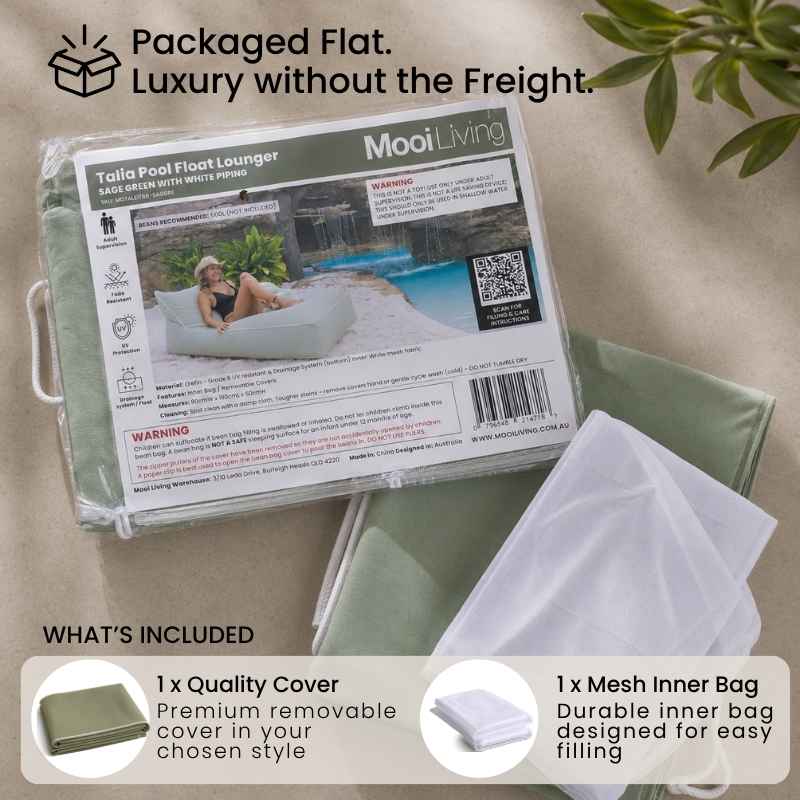 Folded Talia Pool Float bean bag cover in sage green  and inner bag in a Mooi Living packaging.