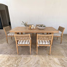A 5-piece outdoor dining set with armchairs with taupe striped cushions, MOO-STR-TAU-CHPAD 