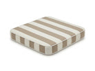 A square outdoor chair pad cushion with taupe and owhite horizontal stripes, shown at an angle on a white background by Mooi Living, MOO-STR-TAU-CHPAD