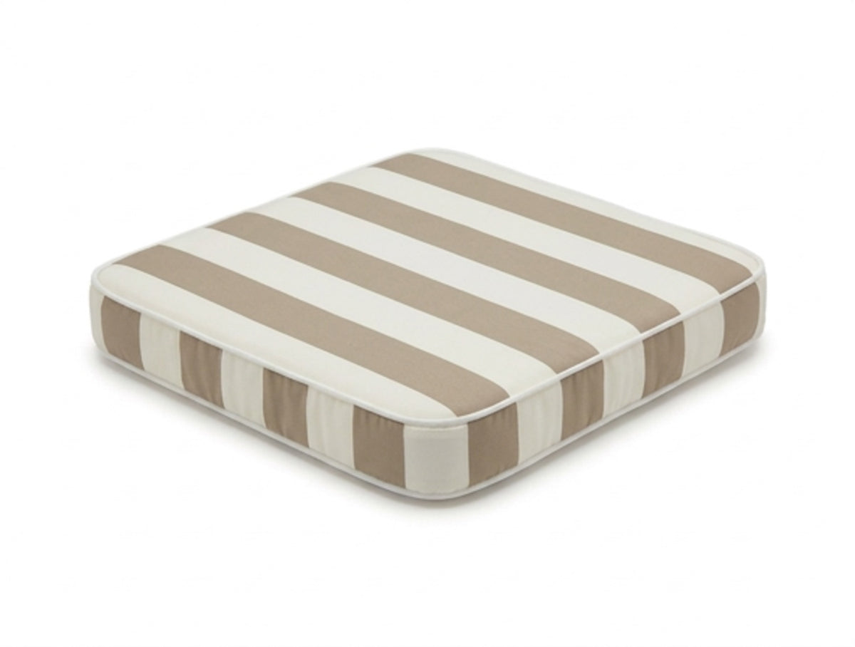 A square outdoor chair pad cushion with taupe and owhite horizontal stripes, shown at an angle on a white background by Mooi Living, MOO-STR-TAU-CHPAD