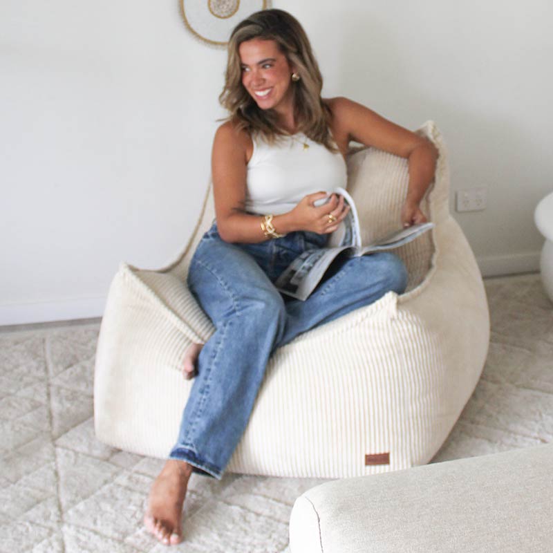 Mooi Cord Bean Bag Chair and Ottoman in Beige – the perfect spot to relax and unwind at home after a long day