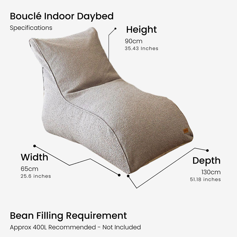 Product specifications for our Boucle Indoor Daybed Lounger - Width: 65 cm- Depth: 130cm - Height: 90cm