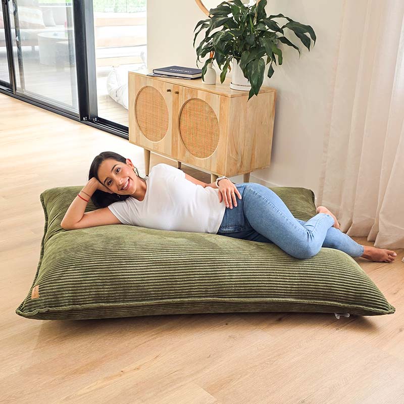 Corduroy Cloud in Olive Green indoor bean bag by Mooi Living. A versatile corduroy bean bag designed for modern living - use it flat, upright, or hammock-style for effortless comfort in every corner of your home.