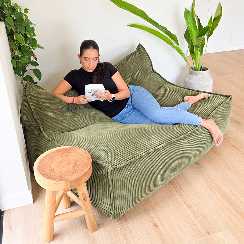 Mooi Double Cord Bean Bag indoor bean bag by Mooi Living in Olive Green. Dual seating in luxe cord fabric featuring three inner bags for structured support and effortless setup.