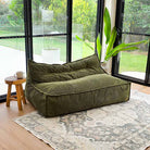 Mooi Double Cord Bean Bag indoor bean bag by Mooi Living in Olive Green. Dual seating in luxe cord fabric featuring three inner bags for structured support and effortless setup.