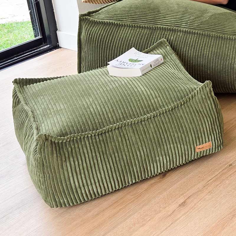 Mooi Cord Ottoman indoor bean bag by Mooi Living in Olive Green. Plush ribbed corduroy footrest or side table designed to complement the Mooi Cord Bean Bag Chair with stylish function.