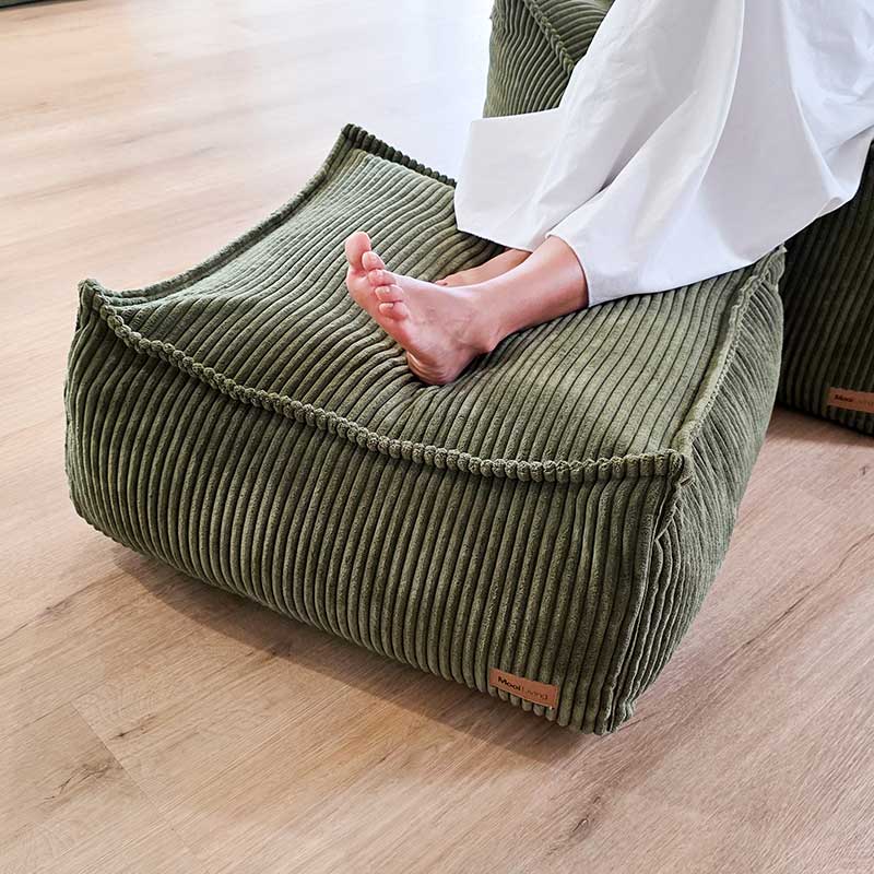 Cord Ottoman indoor bean bag by Mooi Living in Olive Green. This ottoman is perfect match to Cord Chair and Double Cord Lounger and can be used as a footstool or side table.