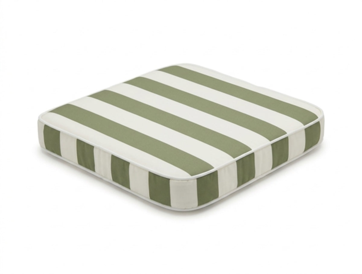 A square outdoor Cushion chair pad stripes of sage green and white, shown at an angle on a white background by Mooi Living, MOO-STR-GRN-CHPAD