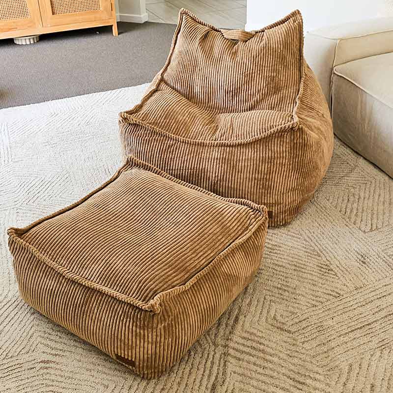 Caramel Mooi Cord Bean Bag Chair and coordinating ottoman in textured corduroy fabric.