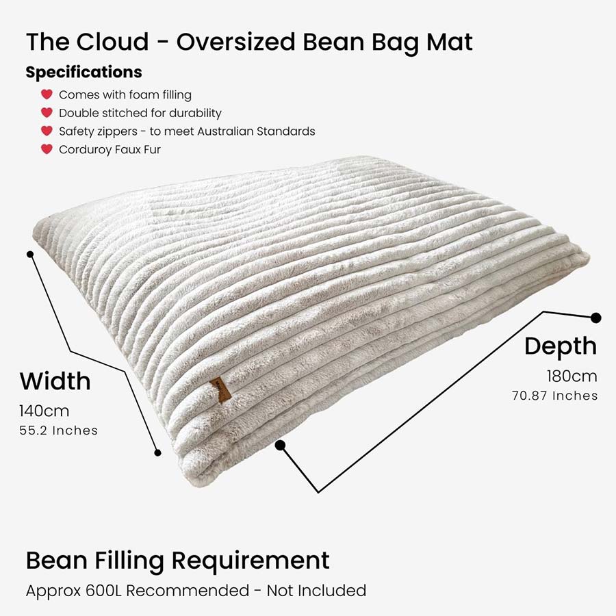 Product Specifications for The Cloud Oversized Bean Bag - 140cm wide by 180cm depth.
